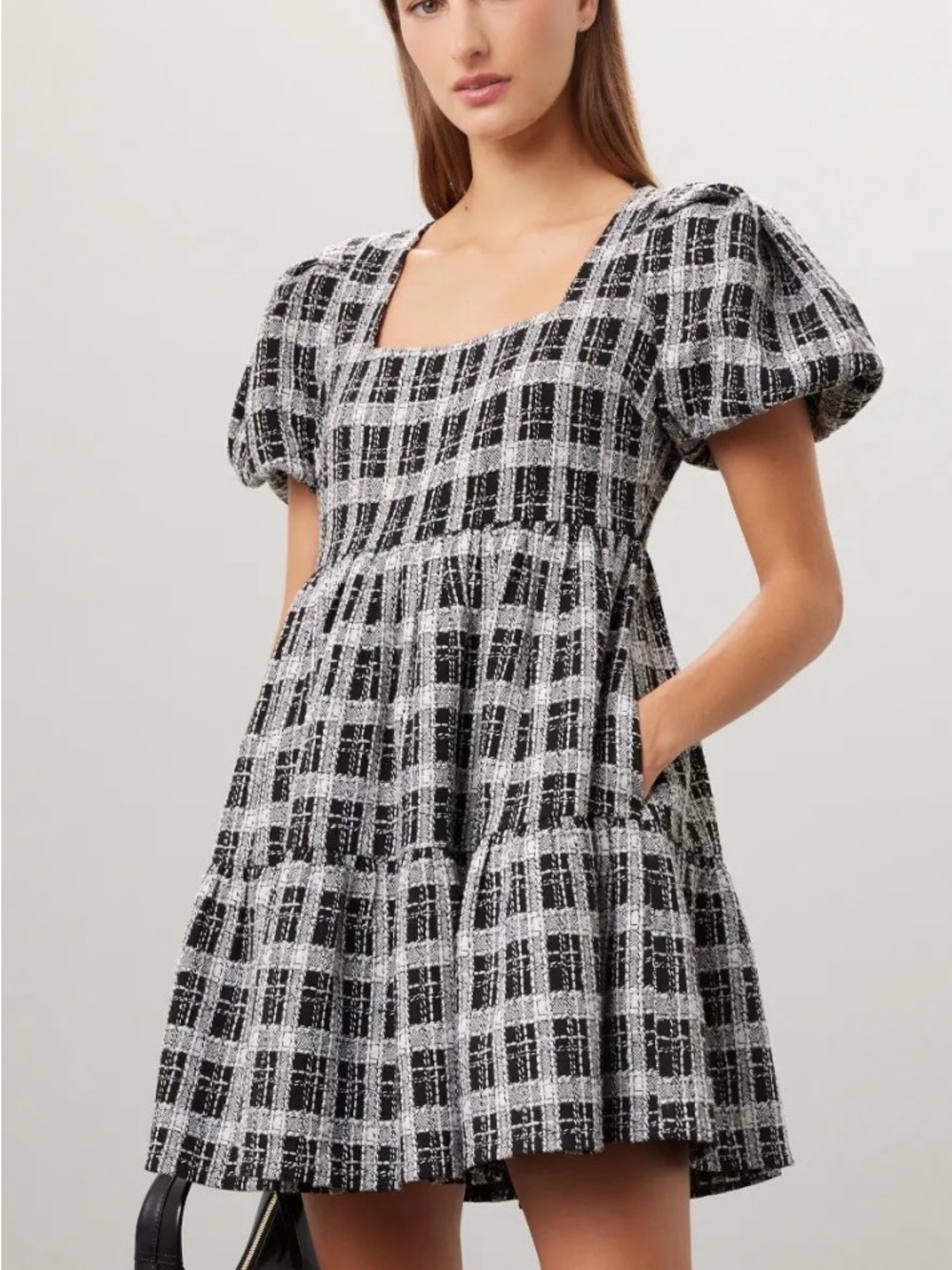 English Factory Black & White Check Puff-Sleeve Mini Dress